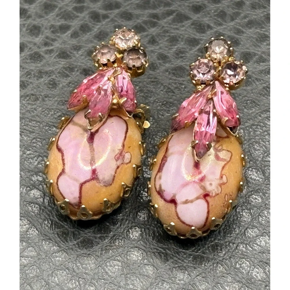 Vintage Dragon Egg Marble Pink Cabochon Crystal Rhinestone Clip Earrings READ